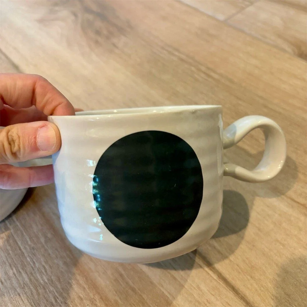 Set of 4 Crate & Barrel Elsa Coffee Tea Mugs White Black Dot Ribbed Glossy